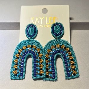 NWT!! Intricate beaded blue, teal & mustard gold chandelier earrings.